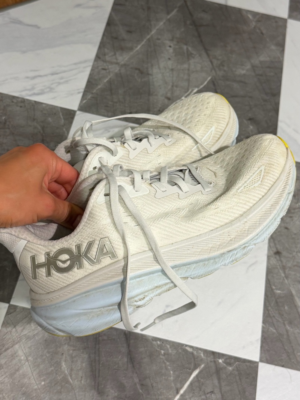Hoka Women's White Athletic Running Shoes with Yellow Heel Accent